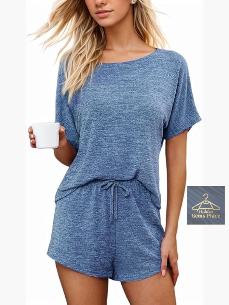Large 2-Piece Lounge Set Short Sleeve Top Tie Waist Shorts Cotton Blend